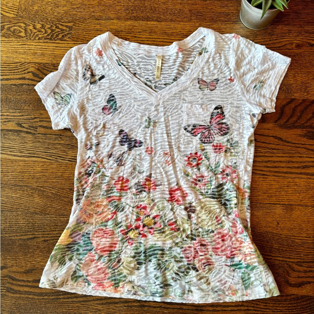 White V-Neck Short Sleeve Multi-Coloured Butterfly Tee. Size: Small